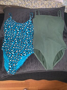 Set of Two One-Piece Swimsuits Kona Sol — Teal Leopard + Olive Rib